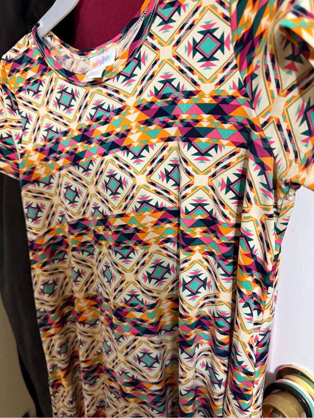 LuLaRoe Kids Geometric Print Dress in Cream, Teal, Magenta and Mustard